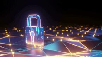 Animation of network of connecting points and digital padlock over connecting shapes on black background. global digital network technology security concept digitally generated image. video