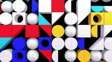 3d geometric pattern modern pop background. white red blue yellow, slide left motion, circle sphere cube triangle object. 4k resolution. video