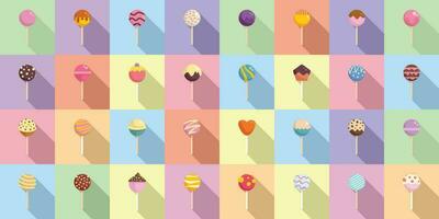 Cake pops icons set flat vector. Bar dessert vector