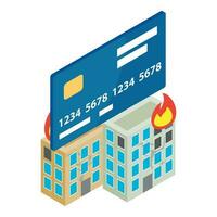 Financial compensation icon isometric vector. Destroyed building and bank card vector