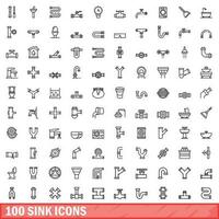 100 sink icons set, outline style vector