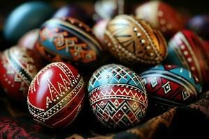 Easter day concept in living room with bunny, sweets or many colorful decorative easter eggs. Painted eggs on straw nest and flower. Easter celebration. Easter day background by AI Generated photo