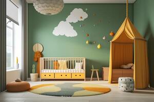 moderno niño dormitorio interior diseño en casa con decoración niños. vistoso niños dormitorio concepto por ai generado foto