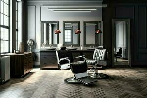 moderno barbería interior con espejos silla y otro equipo cerca ventanas sillas en barbería concepto por ai generado foto