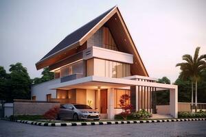 Beautiful modern house exterior with carport. Modern residential district and minimalist building concept by AI Generated photo