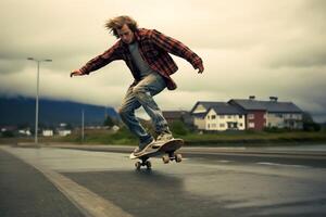 A caucasian man doing tricks or jumping on a skateboard at the street. Young man with skater jumping concept by photo