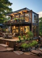 A container home building on a plot of land. 2 storey modern container house, cafe or restaurant concept by photo