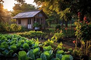 Wooden house in village with plants and flowers in backyard garden. Garden and flower on rural house concept by AI Generated photo