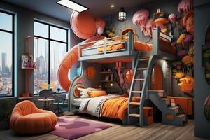 Modern child bedroom interior design in house with decoration children. Colorful children bedroom photo