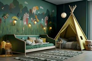 Modern child bedroom interior design in house with decoration children. Colorful children bedroom concept by AI Generated photo