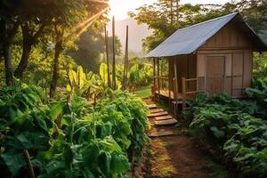 Wooden house in village with plants and flowers in backyard garden. Garden and flower on rural house concept by AI Generated photo