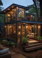 A container home building on a plot of land. 2 storey modern container house, cafe or restaurant concept by photo