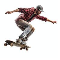 A caucasian man doing tricks or jumping on a skateboard at the street. Young man with skater jumping concept by photo