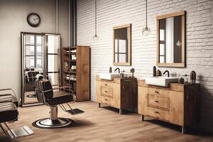 Modern barbershop interior with mirrors chair and other equipment near windows. Chairs in barbershop concept by AI Generated photo