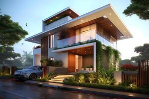 Beautiful modern house exterior with carport. Modern residential district and minimalist building concept by AI Generated photo