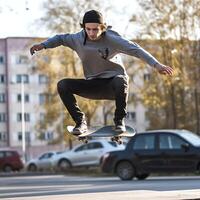 A caucasian man doing tricks or jumping on a skateboard at the street. Young man with skater jumping concept by photo