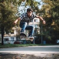 A caucasian man doing tricks or jumping on a skateboard at the street. Young man with skater jumping concept by photo