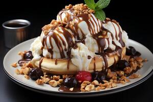 A delicious Banana split ice cream dessert with chocolate syrup. Banana split ice cream dessert by AI Generated photo