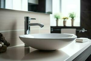 Modern public bathroom with row of white ceramic wash sink basins and faucet with mirror in restroom concept by AI Generated photo