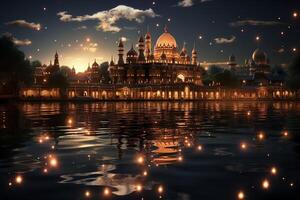 Awesome buildings of mosque in ramadan vibes. Ramadan kareem eid mubarak islamic mosque concept by photo