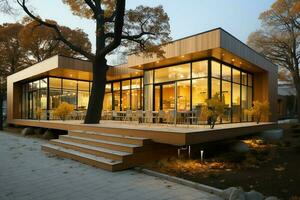 View of early childhood learning building. Design with modern exterior made of wood and a flat roof concept by AI Generated photo