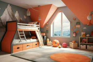 moderno niño dormitorio interior diseño en casa con decoración niños. vistoso niños dormitorio concepto por ai generado foto