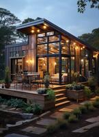 A container home building on a plot of land. 2 storey modern container house, cafe or restaurant concept by photo