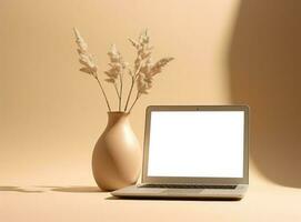 Table with vase and empty screen laptop on wallpaper photo