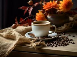 Autumn background with cup of coffee photo