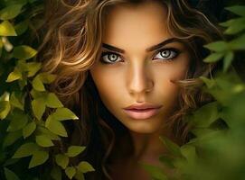 Beautiful woman in nature summer green leaves photo