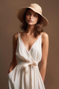 Fashion model girl in beige dress photo