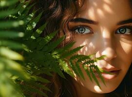 Beautiful woman in nature summer green leaves photo