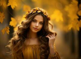 hermosa niña con otoño hojas foto