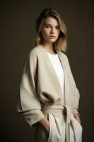 Fashion model girl in beige coat photo