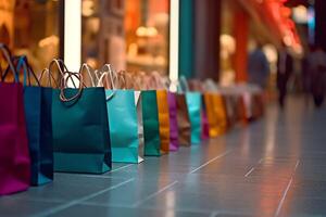 A set of colorful shopping bags with handles. Paper shopping bags close up. Shopping days concept by photo