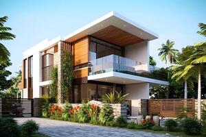 Beautiful modern house exterior with carport. Modern residential district and minimalist building concept by photo