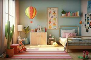 moderno niño dormitorio interior diseño en casa con decoración niños. vistoso niños dormitorio concepto por ai generado foto