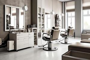 Modern barbershop interior with mirrors chair and other equipment near windows. Chairs in barbershop concept by AI Generated photo