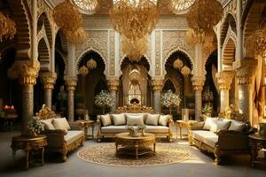 Very luxurious room and large with walls decorated with moroccan mosaic. Room in traditional islamic concept by AI Generated photo