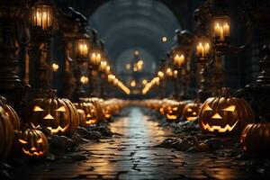 Haunted house on halloween celebration concept. Spooky house halloween background with deserted building and pumpkin. Scary house with creepy building at night by AI generated photo