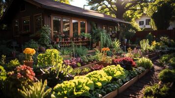 Wooden house in village with plants and flowers in backyard garden. Garden and flower on rural house concept by AI Generated photo