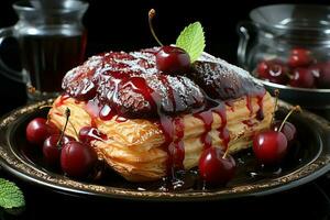 Homemade of delicious pastry or pancakes with fruit danishes and cherry. Danish pastry and dessert concept by AI Generated photo