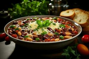 un delicioso Minestrone sopa comida en un bol. italiano comida y sano proteína sopa comida concepto por ai generado foto