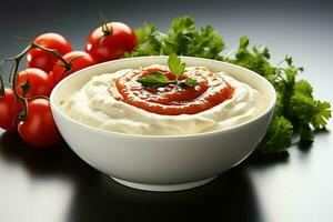 un delicioso tomate sopa comida en un bol. invierno comida y sano proteína sopa comida concepto por ai generado foto