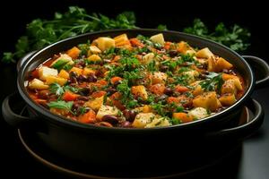 A delicious minestrone soup food in a bowl. Italian food and healthy protein soup meal concept by AI Generated photo