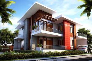 Beautiful modern house exterior with carport. Modern residential district and minimalist building concept by photo