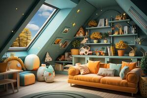 Modern child bedroom interior design in house with decoration children. Colorful children bedroom concept by AI Generated photo