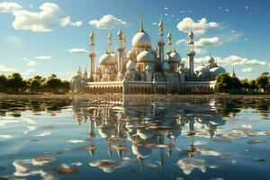 Awesome buildings of mosque in ramadan vibes. Ramadan kareem eid mubarak islamic mosque concept by AI Generated photo