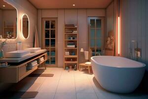 Interior design of a nice modern bathroom. 3D rendering modern toilet or bathroom in hotel or house concept by AI Generated photo