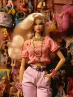 Barbie doll, cute blond girl outfit, pink wallpaper background design photo